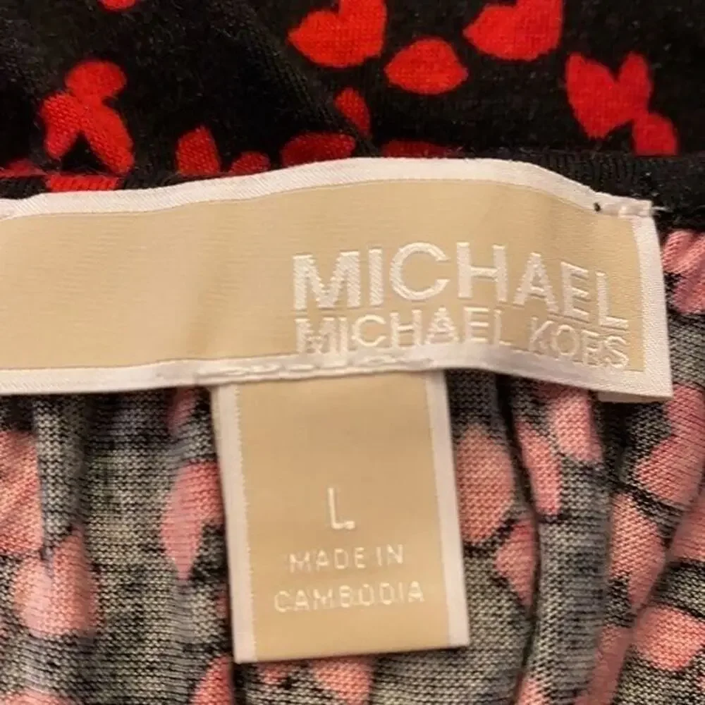 Michael Kors Shirt Womens Large Black Red Hearts Ruffle‎ Sleeve Popover Romantic